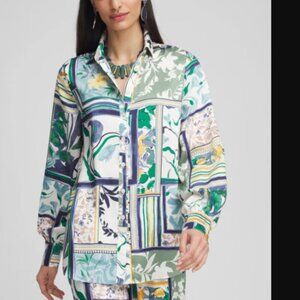 CHICO'S Tunic Blouse Size 16 (Chico 3) Long Sleeve Womens Shirt Blue Patchwork